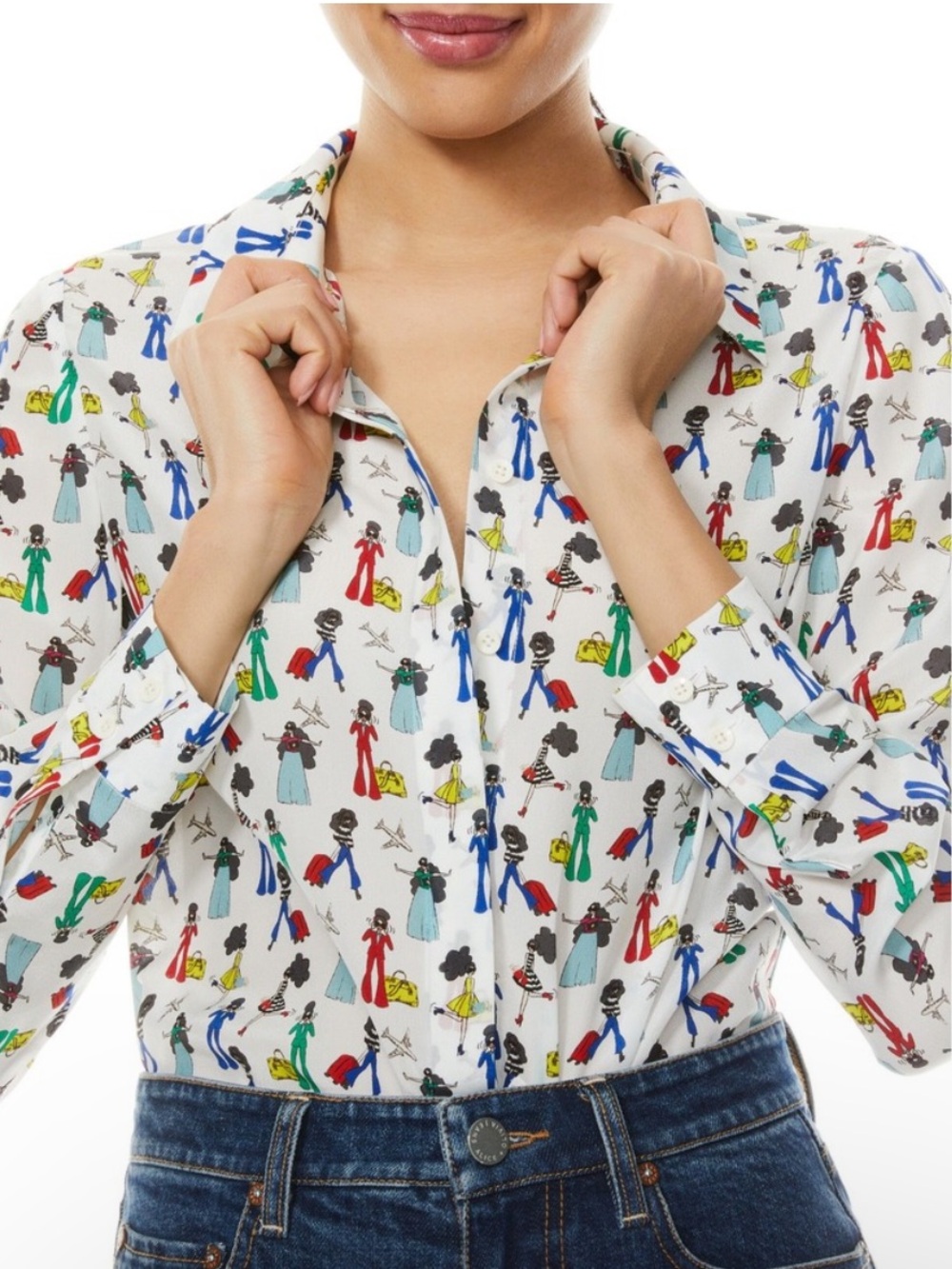 Alice Olivia Large Willa Passport Stace Print Silk Blouse White Colorful Office - Picture 4 of 8